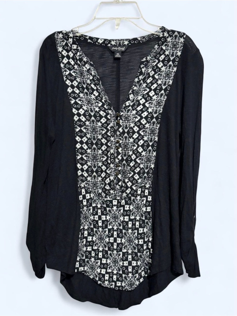 Lucky Brand Black and White Printed V-Neck Peasant Blouse